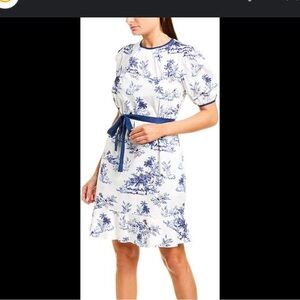 Donna Morgan Short Puff Sleeved Grosgrain Belt Stretch Cotton Poplin Drop-Waist